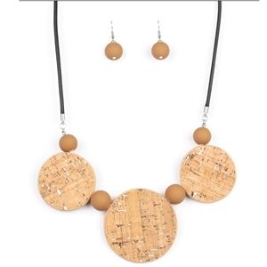 Boutique Paparazzi Brown and White Adjustable Cork Accent Necklace & Earrings